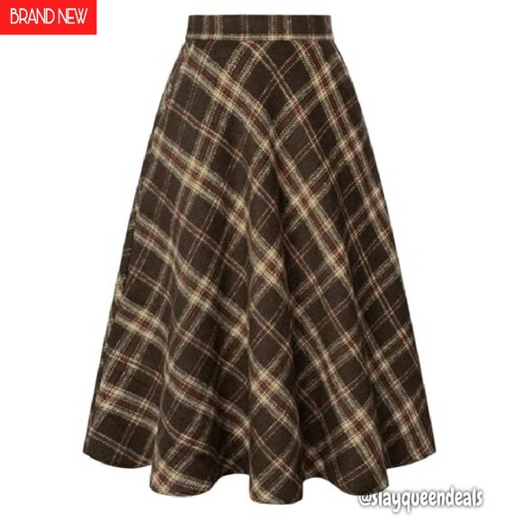 Plaid Midi Skirt with Pockets High Elastic Waist A-Line Fall Winter - Picture 2 of 8